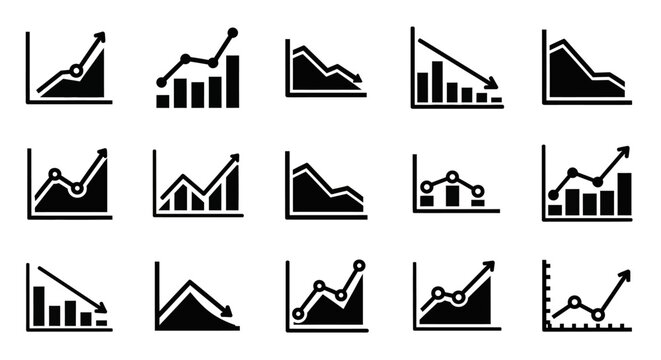 Set of Stock Market Graph Icons: Upward and Downward Trends, Bar Charts, Line Graphs