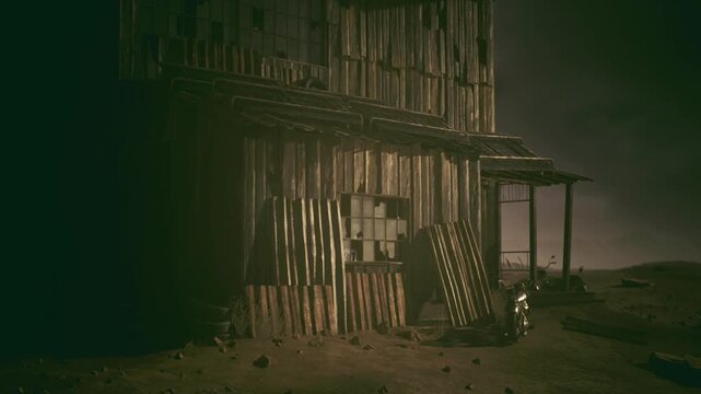 Abandoned wooden shack under green twilight haze, leaning corrugated panels, rusted roof, sandblown porch, scattered debris, distant mountain silhouette,