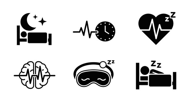 Sleep and Health Icons: Rest, Brain, Heartbeat, Clock, Sleep Mask