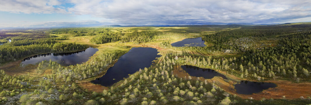 Panoramic view of lakes between forests and moors under cloudy sky, drone shot, aerial view, Dalarnas L&auml;n, Sweden