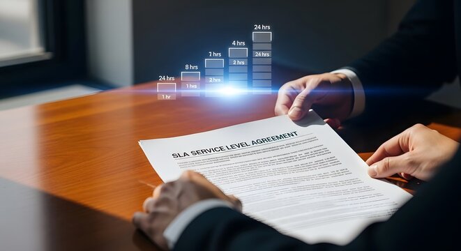 Businessman reviewing sla service level agreement document with response time metrics