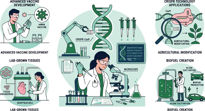 Biotechnology and genetic engineering research concepts with scientists working in laboratory settings