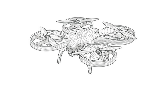 A detailed line art illustration displays a quadcopter drone constructed from sustainable wooden materials with leaf-patterned propellers resting on a stark white surface.