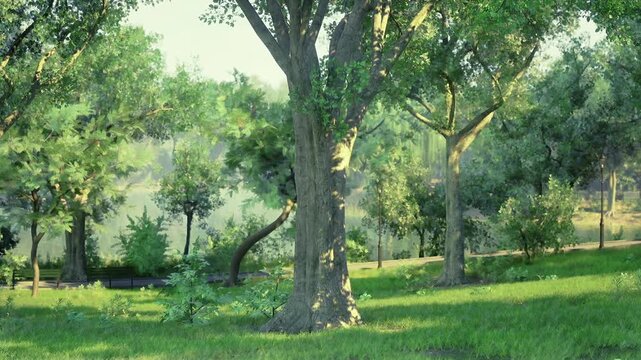 Sunlit oak grove with soft shadows, lush grassy floor, dappled sunlight, distant winding path, tranquil atmosphere ideal for mindful walking and nature