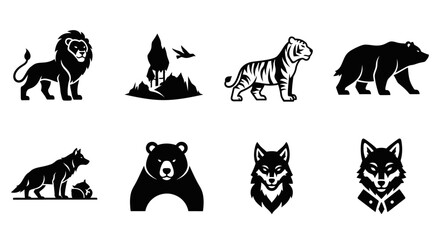 Naklejka premium Wild Animals Silhouette Collection: Lion, Tiger, Bear, Wolf, Fox
