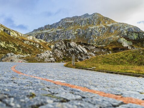 View of road Tremola to pass Gotthardpass, Valley Leventina, Kanton Tessin, Swiss Alps, Switzerland