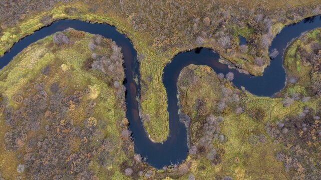 River bend, meander, drone shot, aerial view, wetland, bog in autumn, Lapland, Finland