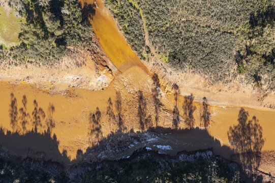 Shadows of trees above the R&iacute;o Tinto, Red river, aerial view, drone shot, Huelva province, Andalusia, Spain