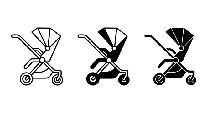 Baby Stroller Icons, Modern Pram Vector Graphics, Child Transport Silhouette Set, Black and White