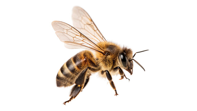 Single honey bee flying with spread wings isolated on a transparent background wildlife element