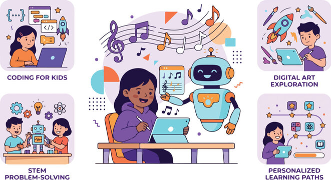 Children engaging in STEM education with robotics, coding, and digital art for personalized learning and futuristic skills development