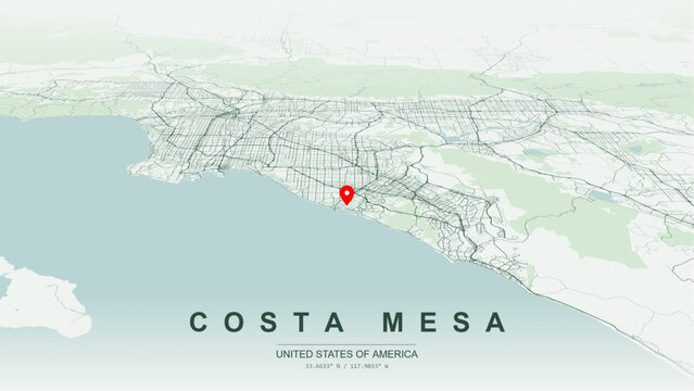 Modern minimalist vector map of Costa Mesa, California, USA. High-quality scalable illustration of Costa Mesa Orange County city grid, Santa Ana Riverfront for posters design.
