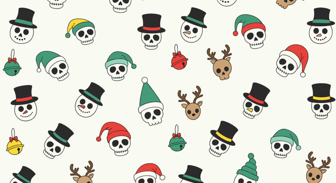 Seamless pattern featuring human skulls wearing various christmas hats like santa and elf hats for a spooky holiday theme.
