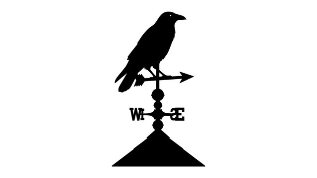 Raven Weathervane Silhouette: A striking black silhouette of a raven perched atop a classic weathervane, indicating wind direction with its arrow and compass points.