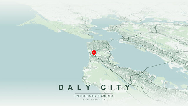Modern minimalist vector map of Daly City, California, USA. High-quality scalable illustration of Daly City San Mateo County city grid and San Francisco Bay Area transit networks for posters design.