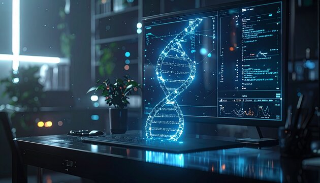 Digital DNA helix on computer screen in modern science lab.