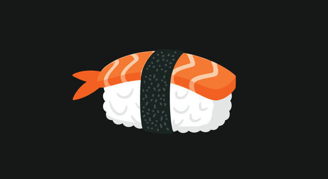 Piece of shrimp sushi or ebi nigiri with white rice and orange prawn wrapped in seaweed on a black background.