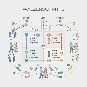 An instructional diagram showing basic ballroom dance footwork steps