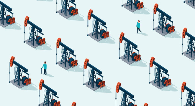 Isometric view of an oil pump field with multiple pumpjacks and workers for petroleum industry and energy concepts.