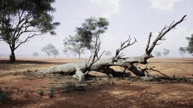 Low angle under leaning branches, foreground roots and shadow, warm ochre soil, distant trees in soft haze, intimate groundlevel perspective