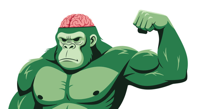Powerful green gorilla flexing its muscle while its brain is exposed at the top of its head for intelligent strength.