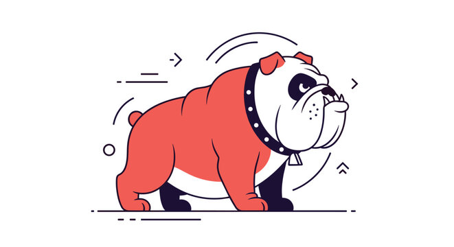 Dynamic red and white bulldog illustration with thick outlines and action lines representing speed and strength on a white background.