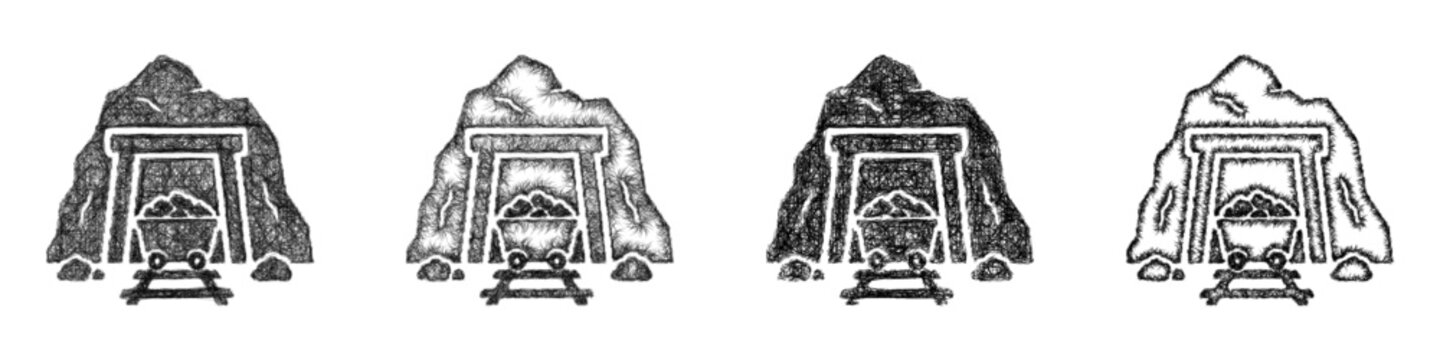 Black and white sketch coal mining icon design set