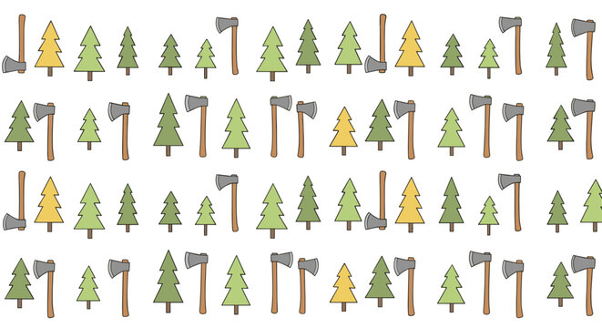 Seamless pattern of various green and yellow pine trees interspersed with metal axes on a white background for lumberjack themes.