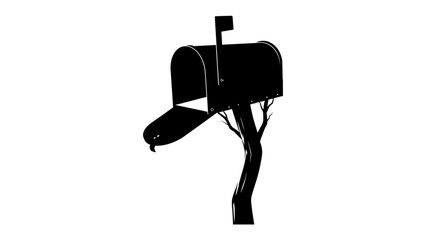 Mailbox Silhouette: A stark black silhouette of a classic mailbox stands on a tree trunk-like post, its door slightly ajar, suggesting communication or pending delivery. © Nazida