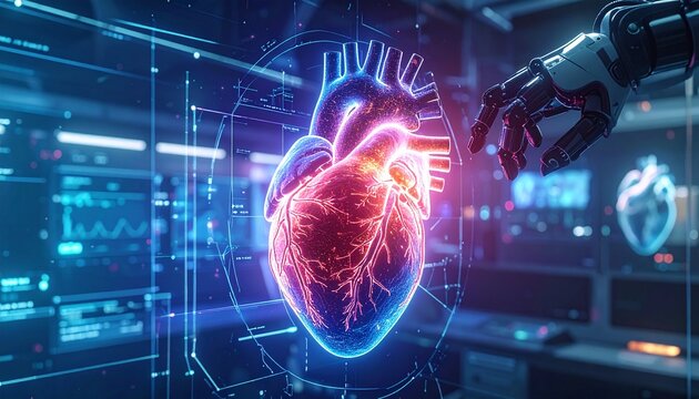 Futuristic AI robot examining a glowing digital human heart in a high-tech lab.