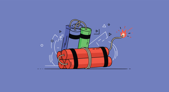 Bundle of red dynamite sticks with a lit fuse on a blue background with abstract geometric shapes for explosive action themes.