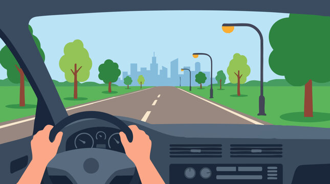 First-person view of hands on steering wheel driving on road towards city skyline