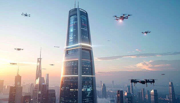 Futuristic Cityscape with Drones and Modern Skyscraper at Sunset.