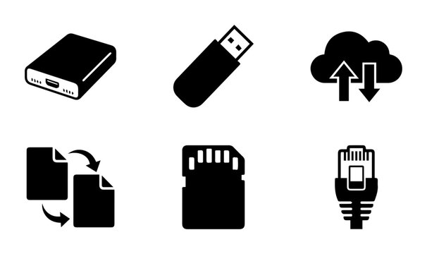 Data Storage Icons: External Hard Drive, USB Flash Drive, Cloud Storage, File Transfer, SD Card, Network Cable