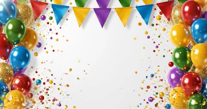 Colorful Balloons and Festive Bunting Frame with Falling Confetti Party