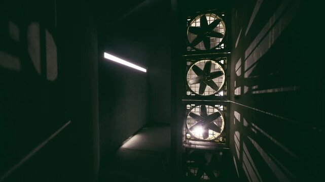 Large fan chamber with radial blades casting patterned shadows and greentinted illumination, service walkway and grille creating dramatic ventilation geometry