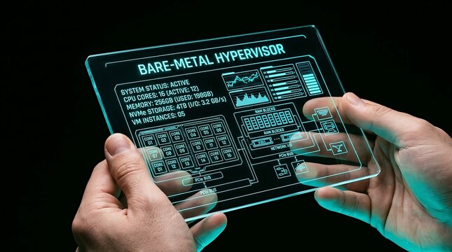 Person holding transparent digital tablet displaying bare metal hypervisor system interface.