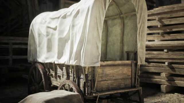 Covered wagon in dim barn interior, soft light beams, dust motes, weathered wood, canvas drape, stacked planks, spare wheel leaning, quiet restoration