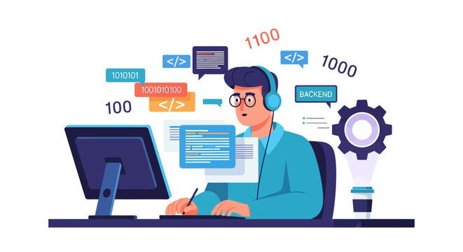 An illustration of a male programmer wearing headphones and glasses, coding at a computer with binary numbers and code snippets floating around, symbolizing software development and technology.