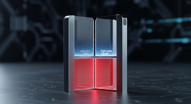 Abstract 3d rendering of highvalue signals concept with glowing red and blue light panels
