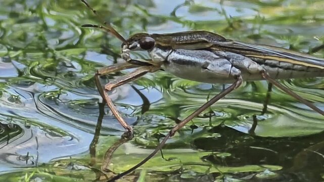 

Extreme Close-up Macro Shot of a Water Strider (Pond Skater) on the Water Surface, Nature Documentary
