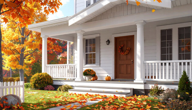 White Family House with Colorful Autumn Garden