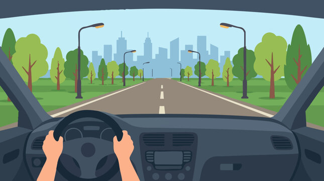 Driver's view from inside a car on a road with green park and city skyline