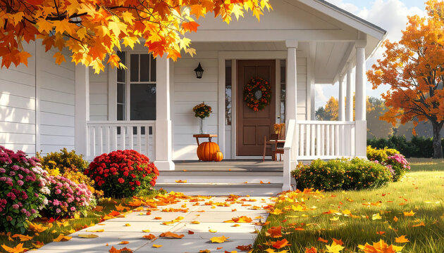 Beautiful American House Front Porch in Autumn Season