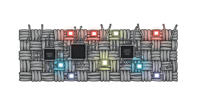 Advanced smart fabric woven with microscopic fibers, integrated microchips, and illuminated LED lights demonstrates innovative textile technology.