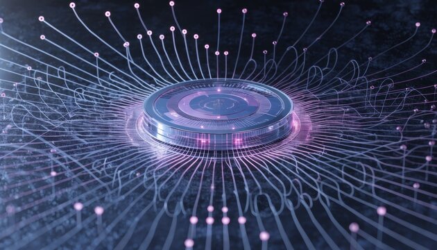 A digital representation of a microchip with glowing circuit lines extending outward, symbolizing technology, connectivity, and data flow in a futuristic design.
