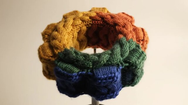Handmade knitted rainbow cowl scarf displaying textured cable and ribbed patterns on a neutral background