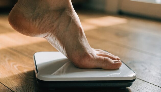 A close-up of a bare foot stepping onto a digital weighing scale on a wooden floor, symbolizing health, fitness, and weight management.