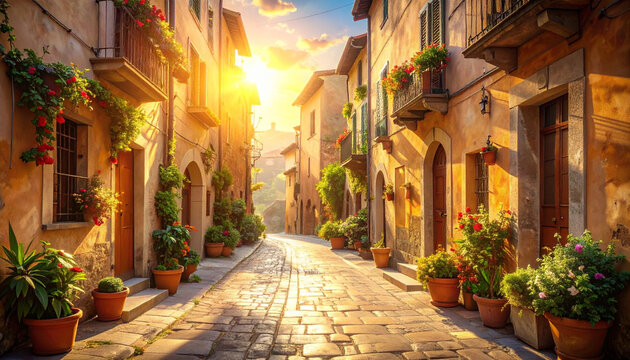 Cozy Old Town Street at Sunset
