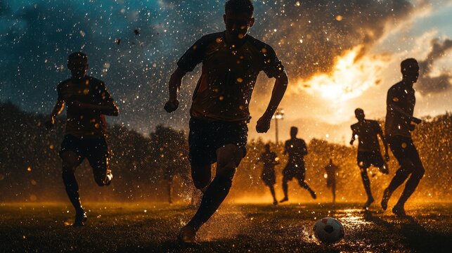 Soccer players compete in a dynamic match under golden sunset light while rain falls heavily on the field during an intense outdoor game.